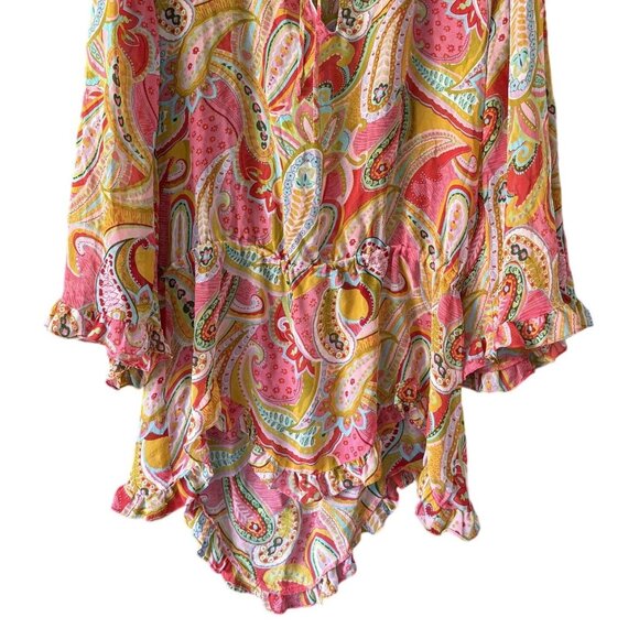 Moda International Paisley Print Hi-Lo Blouse Mini Dress L/XL100% Silk Ruffle - Picture 3 of 6